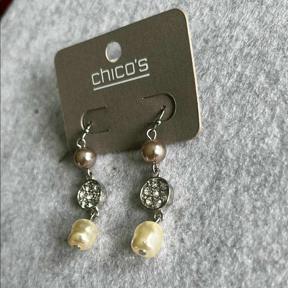 Chico's Silver Tone Beaded Crystal Pearl Hook Earrings - Picture 3 of 10